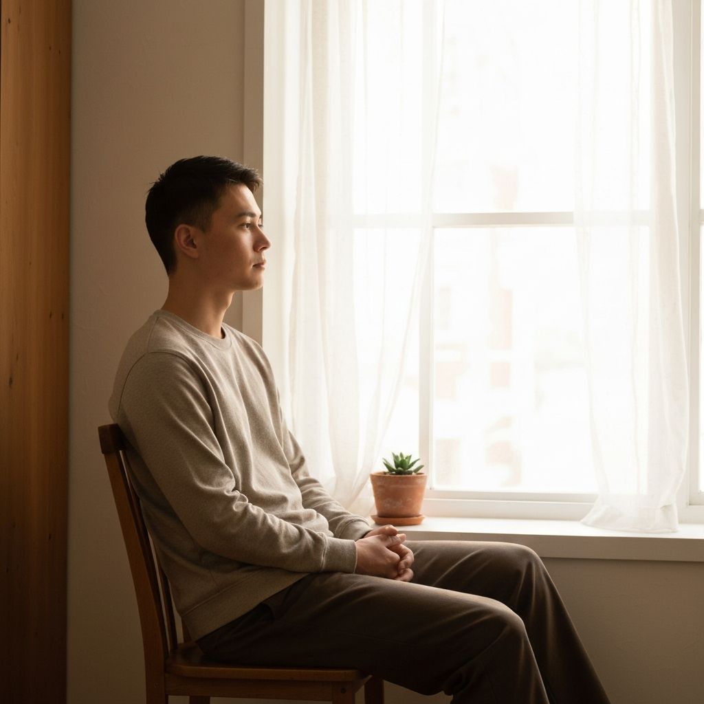 Person sitting peacefully by a window with natural light, reflecting in quiet contemplation