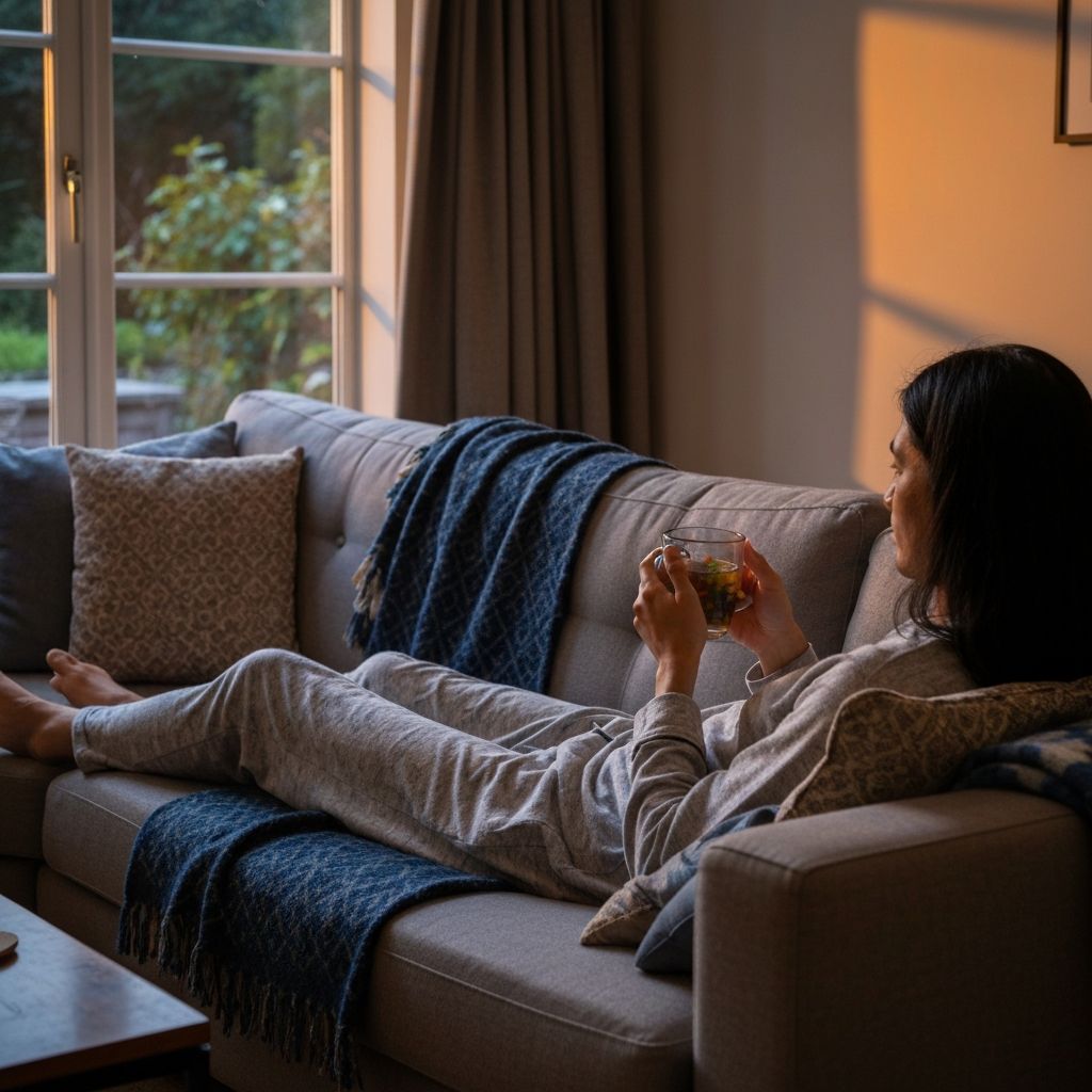 Person relaxing on a couch with a warm beverage and soft lighting in a comfortable living room