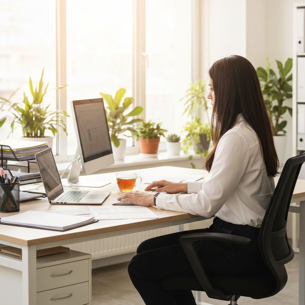 Person working at a desk with a cup of tea and plants visible in a light-filled office
